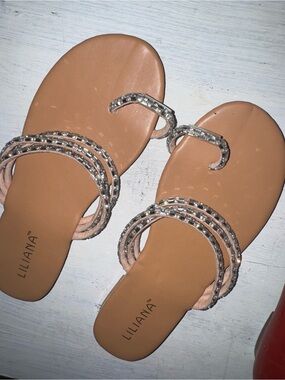 Liliana Tan Rhinestone Toe-Loop Slide Sandals